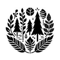 Minimalist Black and White Forest Circle Illustration Featuring Trees, Leaves, and Organic Geometric Elements vector