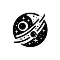 Celestial sphere illustration in minimalist style, featuring planets, crescent moon, stars, and orbital lines against a white background. vector