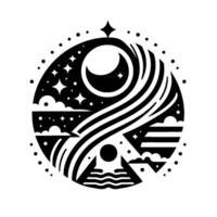 Celestial YinYang A minimalist black and white illustration depicting the cosmos, moon, clouds, stars, and the natural world, all within a circular symbol. vector