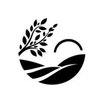 Minimalist Black and White Stylized Tree, Hills, and Sun Symbolizing Natures Harmony and Tranquility. vector