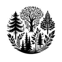 Stylized Black and White Forest Silhouette Within Circle Varied Tree Types, Leaves, Branches, and Grass on White Backdrop vector