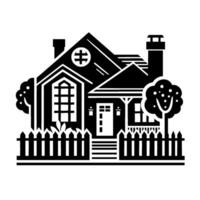 Stylized Black and White Illustration of a Charming House with a Fence, Trees, and Geometric Elements. vector