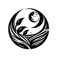 Symbolic black and white circular , featuring leaves, grassy texture, crescent moon with stars, and layered elements, representing balance. vector