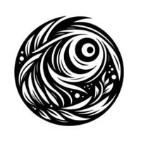 Abstract, intricate black and white circular featuring stylized floral and swirling elements, creating a sense of movement and depth, set against a stark white backdrop. vector