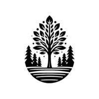A stylized, symmetrical black and white depicts a central, leafy tree enclosed within a teardrop shape, framed by pine trees atop a striped base. vector