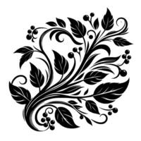 Elegant Black and White Floral Illustration Stylized leaves, berries, and swirling vines create a decorative botanical on a white background, ideal for patterns. vector