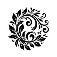 Circular Floral Ornament in Black and White, Featuring Curled Swirls, Leaves and Dots, for Elegant and Decorative . vector
