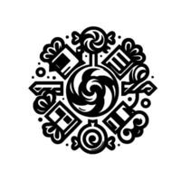 Intricate Black and White Circular Pattern Stylized Lollipops, Candies, and Decorative Elements, Isolated on White Background. vector