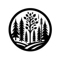 Monochrome forest silhouette emblem within a circle, featuring trees and leaves, suggesting natures tranquility. vector