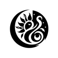 A stylized black and white YinYang symbol with a sunmoon , depicting balance and harmony within a circular composition. vector