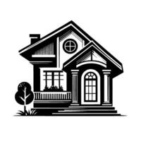 Elegant Black and White Illustration of a TwoStory House with a Balcony, Round Window, and Tree. vector