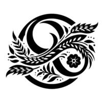Decorative Monochromatic Floral with Circular Frame and Intricate Leafy Branches, a Flower, and Polka Dots. vector