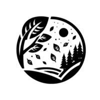 Monochromatic nature scene inside a circle, showing a tree with falling leaves, pine trees, hills, a moon, and a minimalist . vector