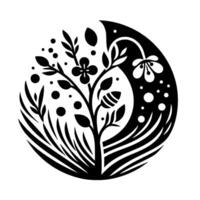 A stylized, minimalist black and white floral within a circular frame, featuring a tree with leaves, flowers, and a stylized crescent moon. vector