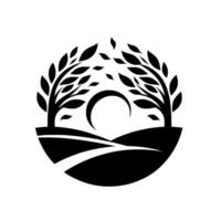 Stylized Black White Illustration Two Trees Frame Crescent Moon Over Landscape within a Circle. vector