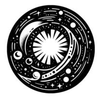 Celestial Mandala A Black and White Circular Depicting a Sun Burst, Orbiting Planets, and Sparkling Stars. vector