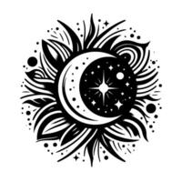A stylized black and white illustration featuring a crescent moon, a starburst, constellations, and organic patterns arranged in a circular composition. vector