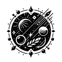 Abstract Black and White Illustration of a Celestial Composition with Planets, Stars, and Botanical Elements. vector