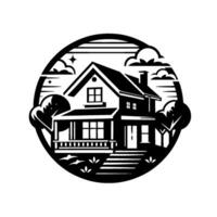 Black White Illustration of a TwoStory House with Porch, Trees, Clouds, and Stars Encased in a Circular Frame. vector