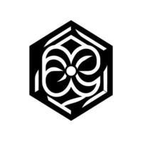 D Hexagonal Geometric with Stylized Floral Motif, Black and White, Perspective Rendering vector