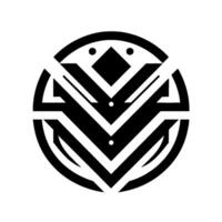 Geometric, circular featuring abstract black and white shapes, composed of lines, dots, and a central diamond element, creating a symmetrical, artistic pattern. vector