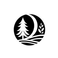Monochromatic Emblem Fir Tree, Crescent Pathway, and Wheat Sprig in a Circular, Minimalist Nature Scene vector