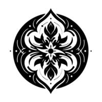 Intricate Black and White Mandala Floral Geometric with Grayscale Gradient and Symbolic Flourishes on a Clean White Background. vector