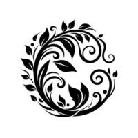 Symmetrical Floral Swirl in Black and White A Decorative Featuring Leaves, Curls, and Dots, Forming a Circular Ornament. vector
