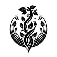 A stylized black and white illustration, showcasing a central, intertwined tree and leaf within a circular frame, evoking a sense of nature and art. vector
