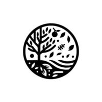 Circular Black and White Illustration of a Tree, with Roots and Leaves in a Natural Setting, Depicting Growth, and a sense of Calm. vector