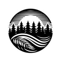 Bold Black White Illustration of a Forest Scene inside a Circle with Palm Leaf, Serene Landscape. vector
