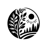 Serene monochrome circular with a tree, sun, and forest, evoking a sense of harmony and natures balance. vector