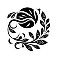 Intricate Black White Floral , Symmetrical Composition with Leaves and Ornate Circular Elements on a White Background. vector