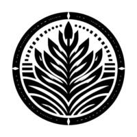 Geometric, Black and White Circular Emblem Featuring a Stylized Leaf , Surrounded by Decorative Border Elements. vector