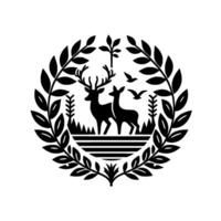 Black and White Circular Emblem Two Deer Silhouette, Birds, and Botanical Frame, Emblematic vector