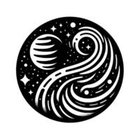 YinYang Celestial Harmony Black and White Circular Illustration featuring a Striped Planet, Swirling Celestial Streams, and Starry Night. vector