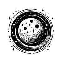 Monochromatic Celestial Emblem A Circular featuring swirling galaxy, stars, and planets, evoking cosmic wonder. vector