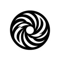 Black and white, circular featuring swirling, stylized lines and a central white dot against a stark white background with a subtle shadow. vector
