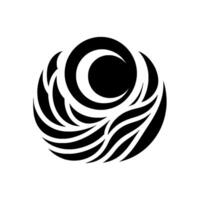 Abstract monochrome art depicting a circular featuring a crescent moon, surrounded by stylized wavelike and featherlike elements. vector