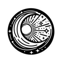A black and white celestial illustration of the moon and sun in a circular frame, featuring stars, dots and radial beams. vector