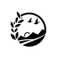 Circular Silhouette Wheat, Birds, Mountains, and Setting Sun, Evoking Rural Simplicity and Natures Serenity in Black and White. vector