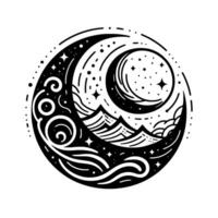 Celestial Emblem Monochromatic circular featuring mountains, moon phases, stars, and swirling elements. vector