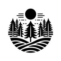 Minimalist Black and White Emblem Pine Forest Silhouette with a Sun and Hilly Landscape, within a Circular Frame. vector