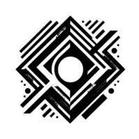 Geometric Black and White Abstract Featuring a Central Circle, Angular Shapes, and Lined Elements on a White Background. vector