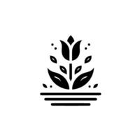Minimalist Black and White Floral Emblem A stylized tulip, leaves, and dots above horizontal lines. vector