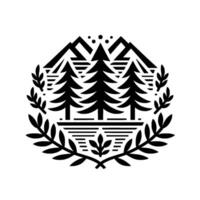 Minimalist Black and White Emblem Featuring Stylized Mountains, Evergreen Trees, Water, and Laurel Wreath, Evoking Natures Serenity. vector