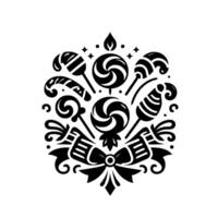 Elegant Monochrome Illustration Assortment of Swirl Lollipops, Candy Canes, Bow, and Ornamented Ribbon, with a Central Composition on White vector