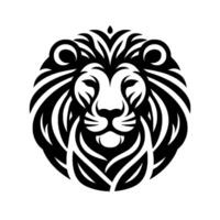 A bold, minimalist black and white lion head , showcasing detailed mane and facial features, centered on a clean white background. vector