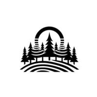 Stylized Black and White Forest Silhouette with a Halolike Arc and Mountainous Base, Illustrative Composition. vector