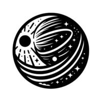 Cosmic YinYang A black and white circular featuring a sun, comet, planets, and stars, symbolizing balance. vector